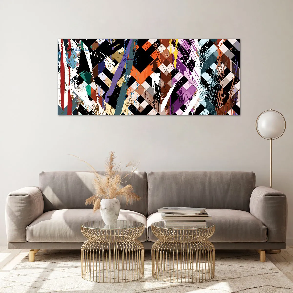 Impression sur verre - Image sur verre - Composition abstraite avec des lignes colorées sur fond noir - 120x50cm - Se mettre au carré - Décoration murale moderne pour le salon et la chambre ARTTOR