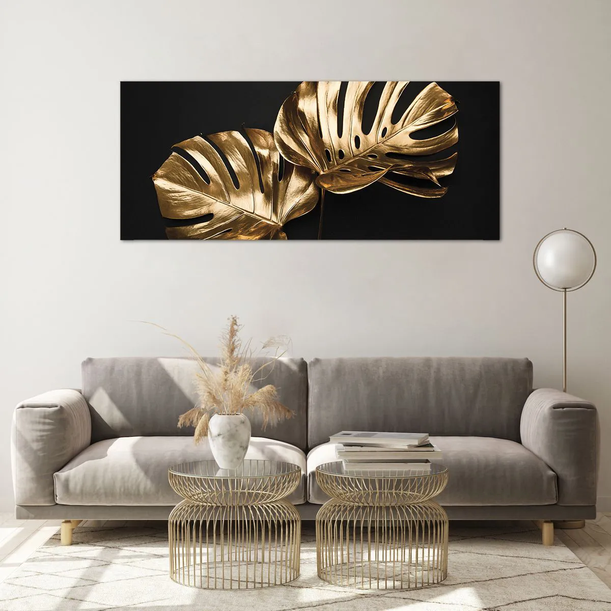 Glasbild - Bild auf glas - Goldene Monstera-Blätter auf schwarzem Hintergrund - 120x50cm - Die Schätze der Natur - Moderne Wanddekoration für Wohnzimmer und Schlafzimmer ARTTOR