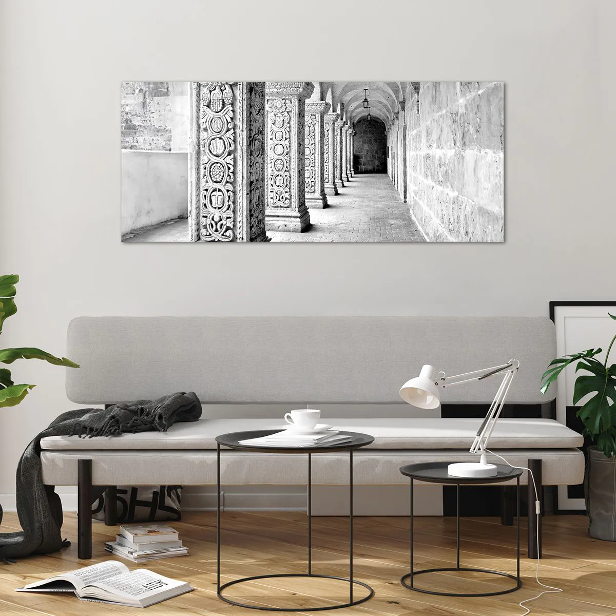 Impression sur verre - Image sur verre - Colonnes historiques dans une prise de vue monochrome - 120x50cm - Où cela mène-t-il…? - Décoration murale moderne pour le salon et la chambre ARTTOR