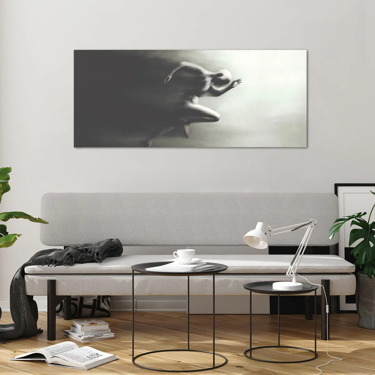 Glasbild - Bild auf glas - Eine schwarz-weiße Silhouette einer laufenden Figur in einem dynamischen und surrealen Stil. - 120x50cm - Unwiderstehlich - Moderne Wanddekoration für Wohnzimmer und Schlafzimmer ARTTOR
