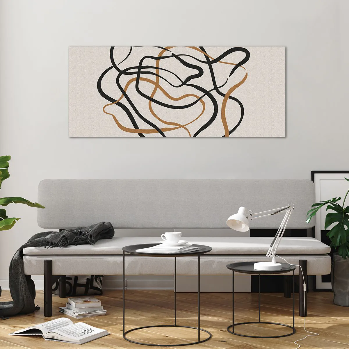 Glasbild - Bild auf glas - Verworrene Linien in Schwarz und Gold auf hellem Hintergrund - 120x50cm - Alles ging schief - Moderne Wanddekoration für Wohnzimmer und Schlafzimmer ARTTOR