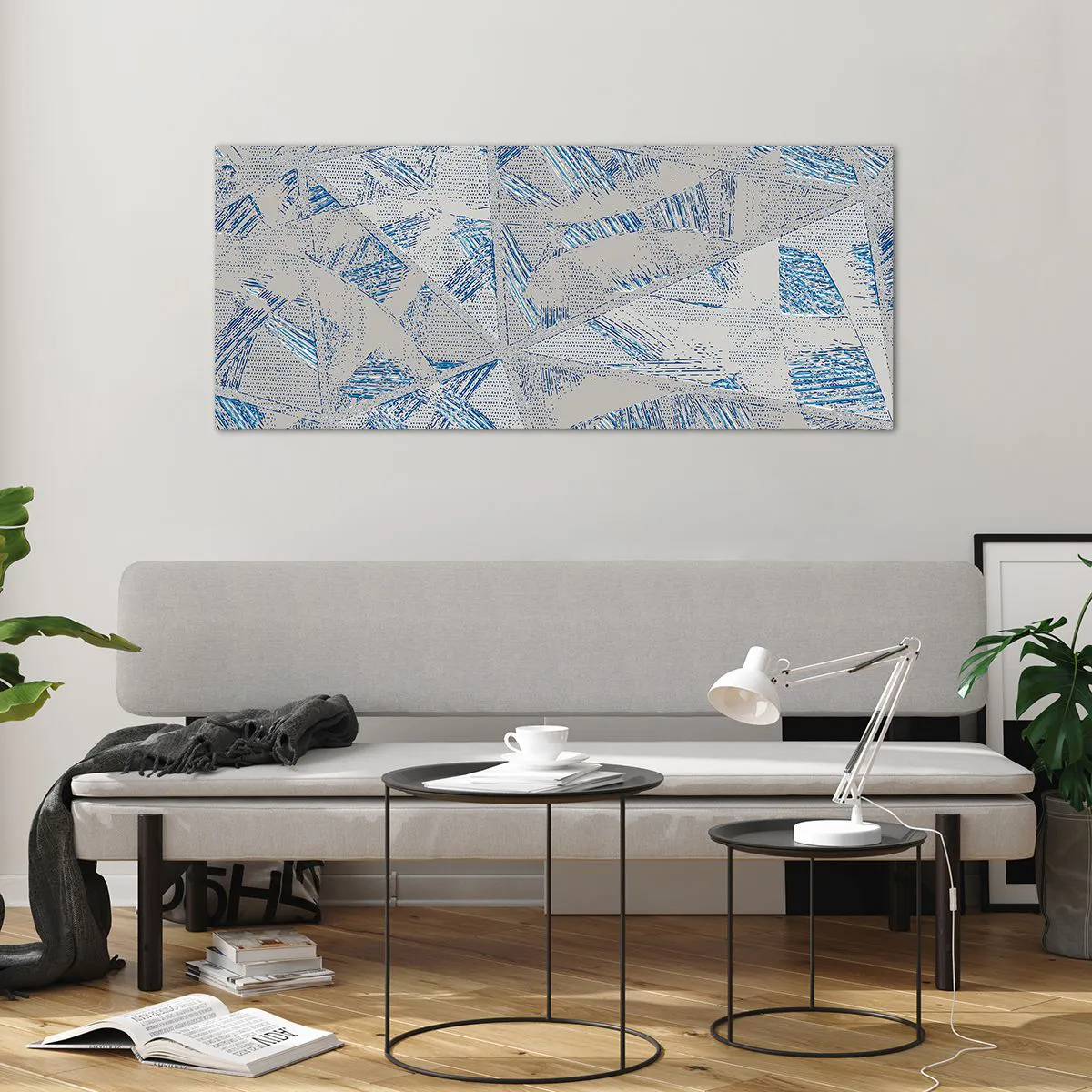 Impression sur verre - Image sur verre - Motifs géométriques dans les tons de bleu et de gris - 120x50cm - Dans un labyrinthe bleu-gris - Décoration murale moderne pour le salon et la chambre ARTTOR