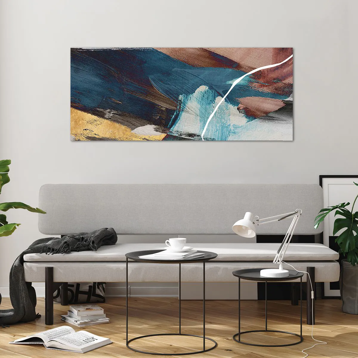 Cuadro sobre vidrio - Impresiones sobre Vidrio - Pinceladas abstractas en tonos azules y dorados. - 120x50cm - Con estilo y energía - Decoración de pared moderna para salón y dormitorio ARTTOR