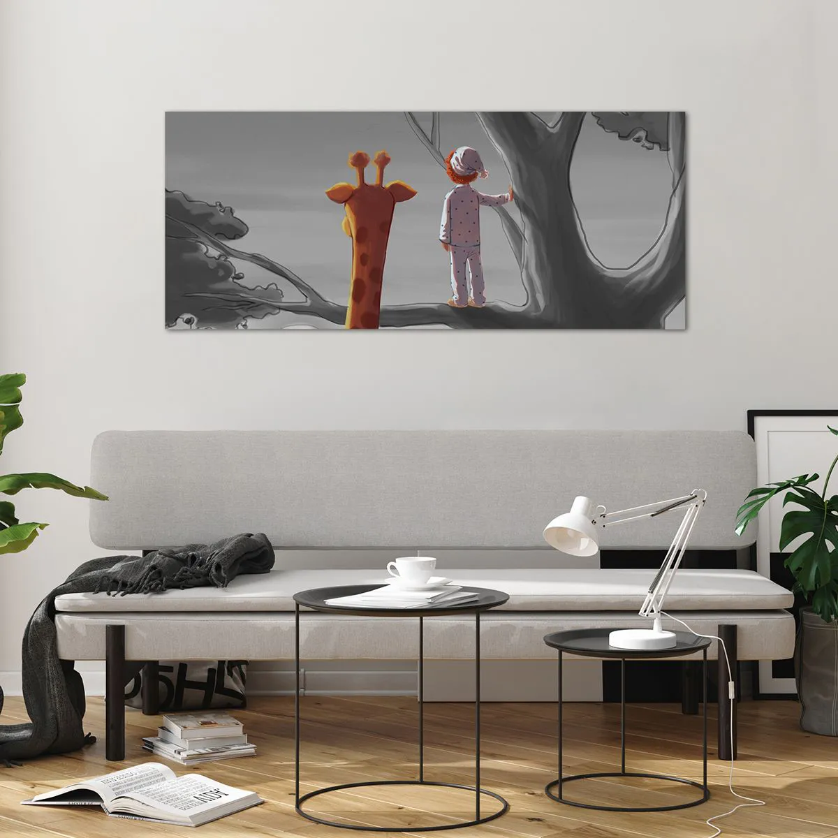 Obraz na szkle - Dziecko i żyrafa na gałęzi drzewa w bajkowym krajobrazie - 120x50cm - To się naprawdę dzieje - Nowoczesna dekoracja ścienna do salonu i sypialni ARTTOR