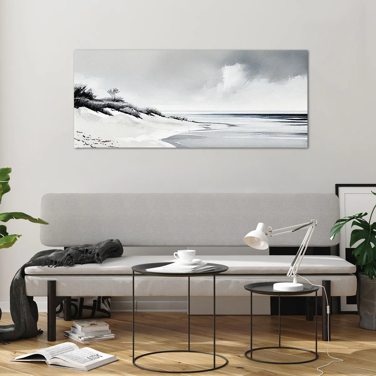 Impression sur verre - Image sur verre - Une plage aux tons sobres de gris et de bleu - 120x50cm - Ensemble depuis toujours - Décoration murale moderne pour le salon et la chambre ARTTOR