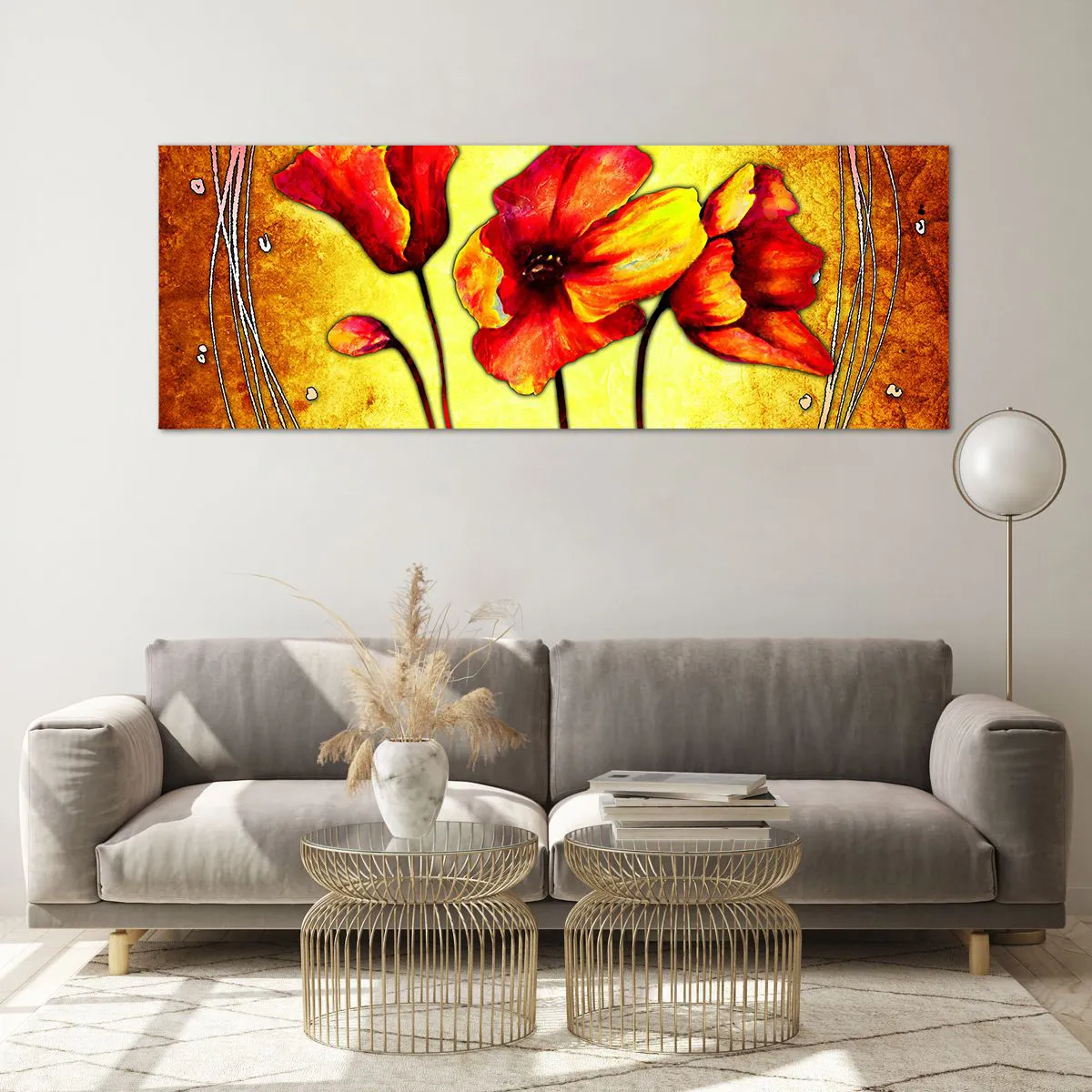 Quadro su vetro - Fiori rossi e gialli su sfondo oro con motivi decorativi - 140x50cm - Decorazione Art Nouveau - Decorazione murale moderna per soggiorno e camera da letto ARTTOR
