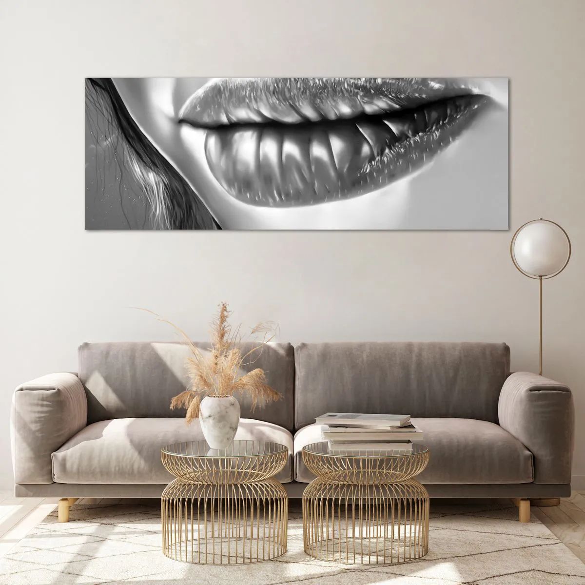 Cuadro sobre vidrio - Impresiones sobre Vidrio - Primer plano en blanco y negro de los labios de una mujer con efecto brillante y detalles. - 140x50cm - Sé lo que estás pensando... - Decoración de pared moderna para salón y dormitorio ARTTOR