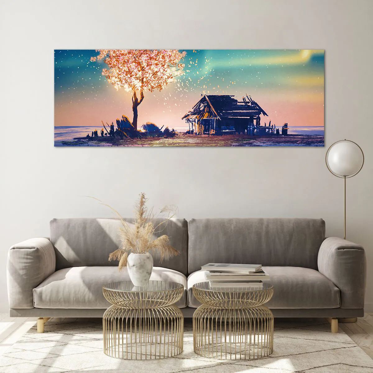 Glasbild - Bild auf glas - Ein Haus und ein blühender Baum unter dem Nachthimmel - 140x50cm - Die Natur vergeht nicht - Moderne Wanddekoration für Wohnzimmer und Schlafzimmer ARTTOR