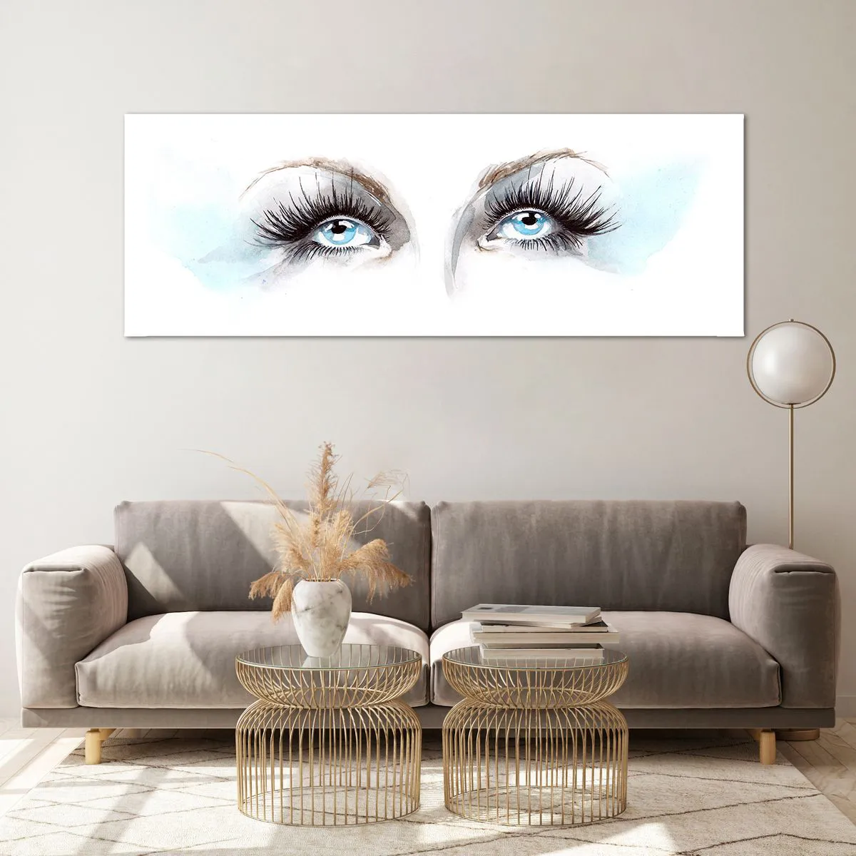 Obraz na szkle - Akwarela z niebieskimi oczami i delikatnymi akcentami - 140x50cm - Oczy anioła? - Nowoczesna dekoracja ścienna do salonu i sypialni ARTTOR