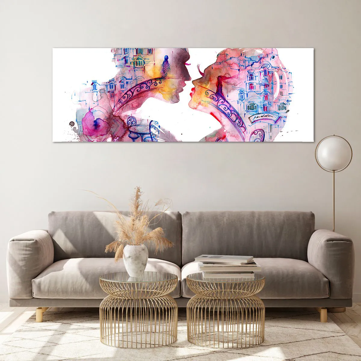 Glasbild - Bild auf glas - Ein romantisches Aquarell, das die Silhouetten von Liebenden darstellt - 140x50cm - Die geheime Seufzerbrücke - Moderne Wanddekoration für Wohnzimmer und Schlafzimmer ARTTOR