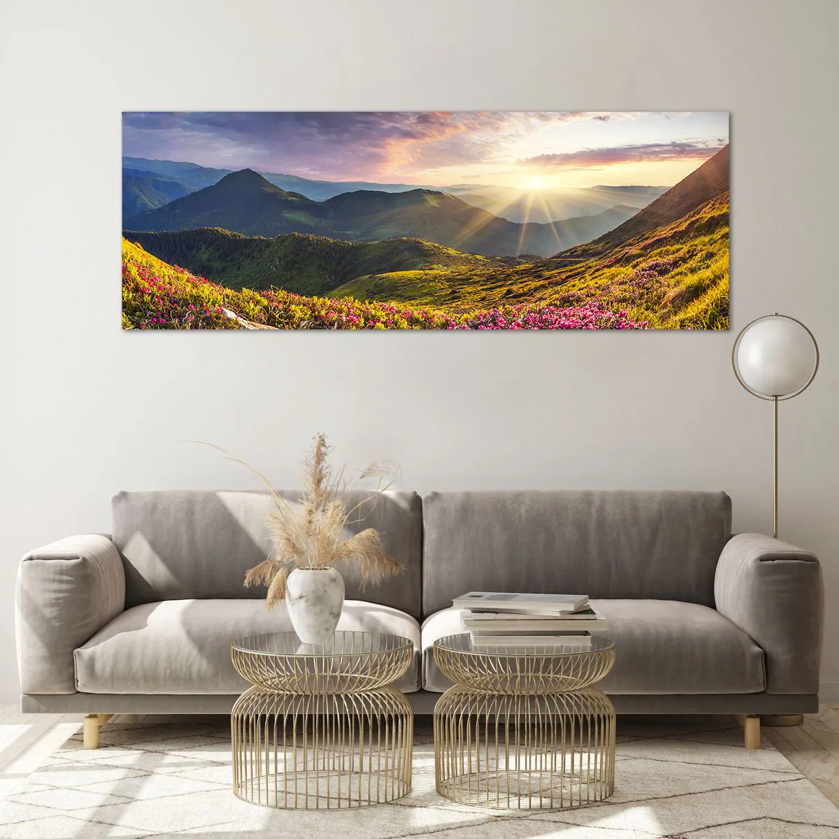 Tablou pe sticlă - Prospețimea unei dimineți de munte - 140x50 cm