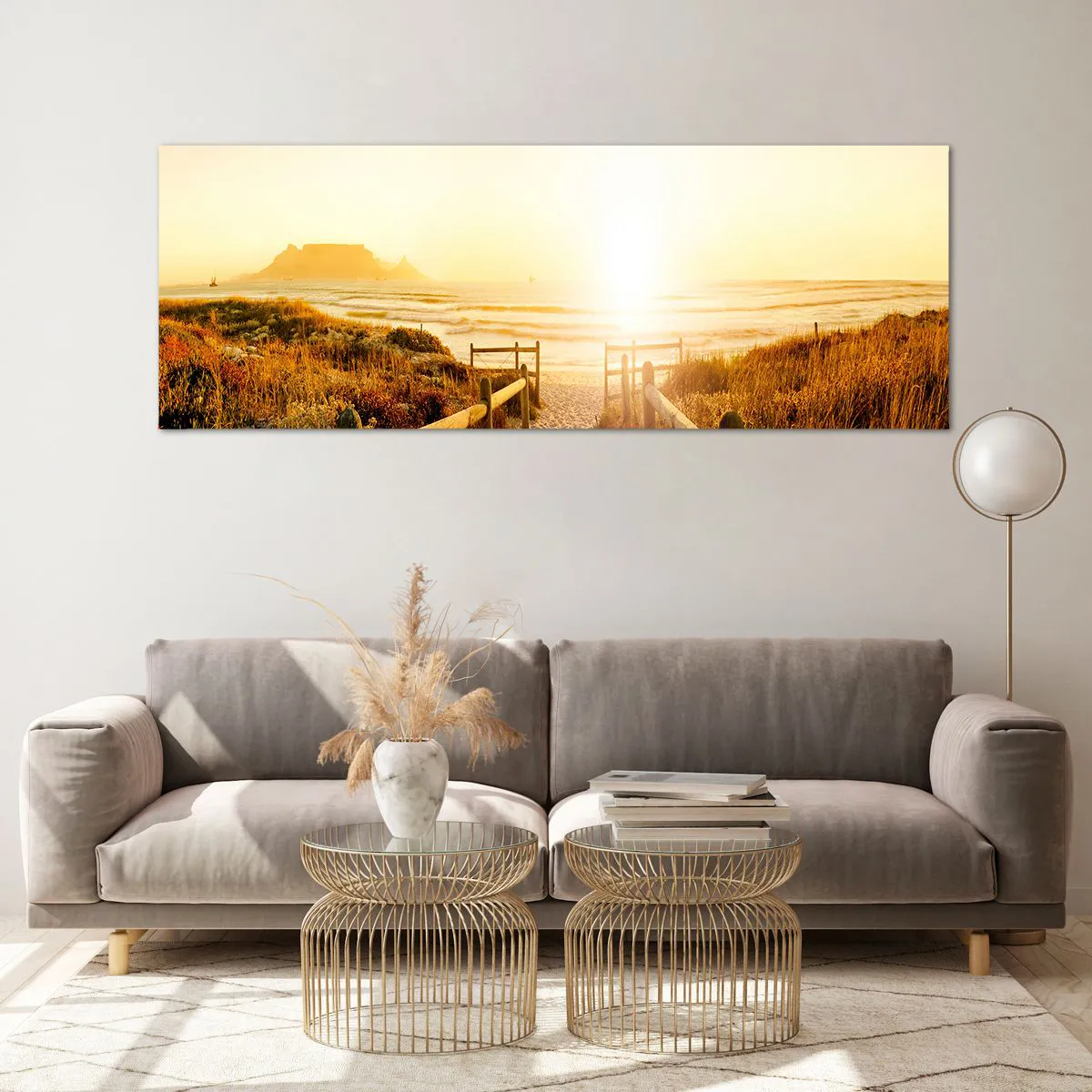 Impression sur verre - Image sur verre - Chemin vers la plage pendant un coucher de soleil doré - 140x50cm - A travers la dune, vers le soleil - Décoration murale moderne pour le salon et la chambre ARTTOR