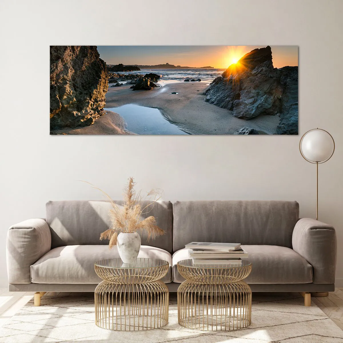 Impression sur verre - Image sur verre - Coucher de soleil pittoresque sur une plage rocheuse - 140x50cm - Intouché par la main de l'homme - Décoration murale moderne pour le salon et la chambre ARTTOR