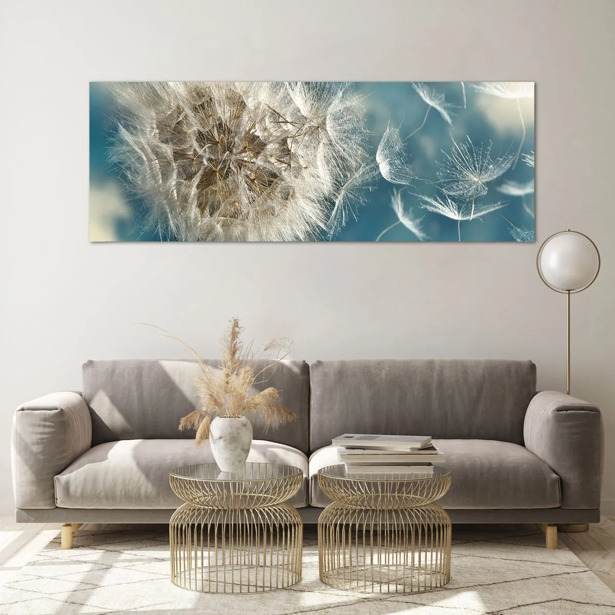 Impression sur verre - Image sur verre - Un pissenlit soufflé contre un ciel bleu - 140x50cm - souffle d'ange - Décoration murale moderne pour le salon et la chambre ARTTOR