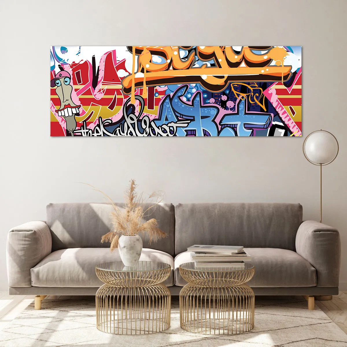 Impression sur verre - Image sur verre - Graffitis colorés avec inscriptions et illustrations dynamiques - 140x50cm - Fresques, fresques, fresques… - Décoration murale moderne pour le salon et la chambre ARTTOR