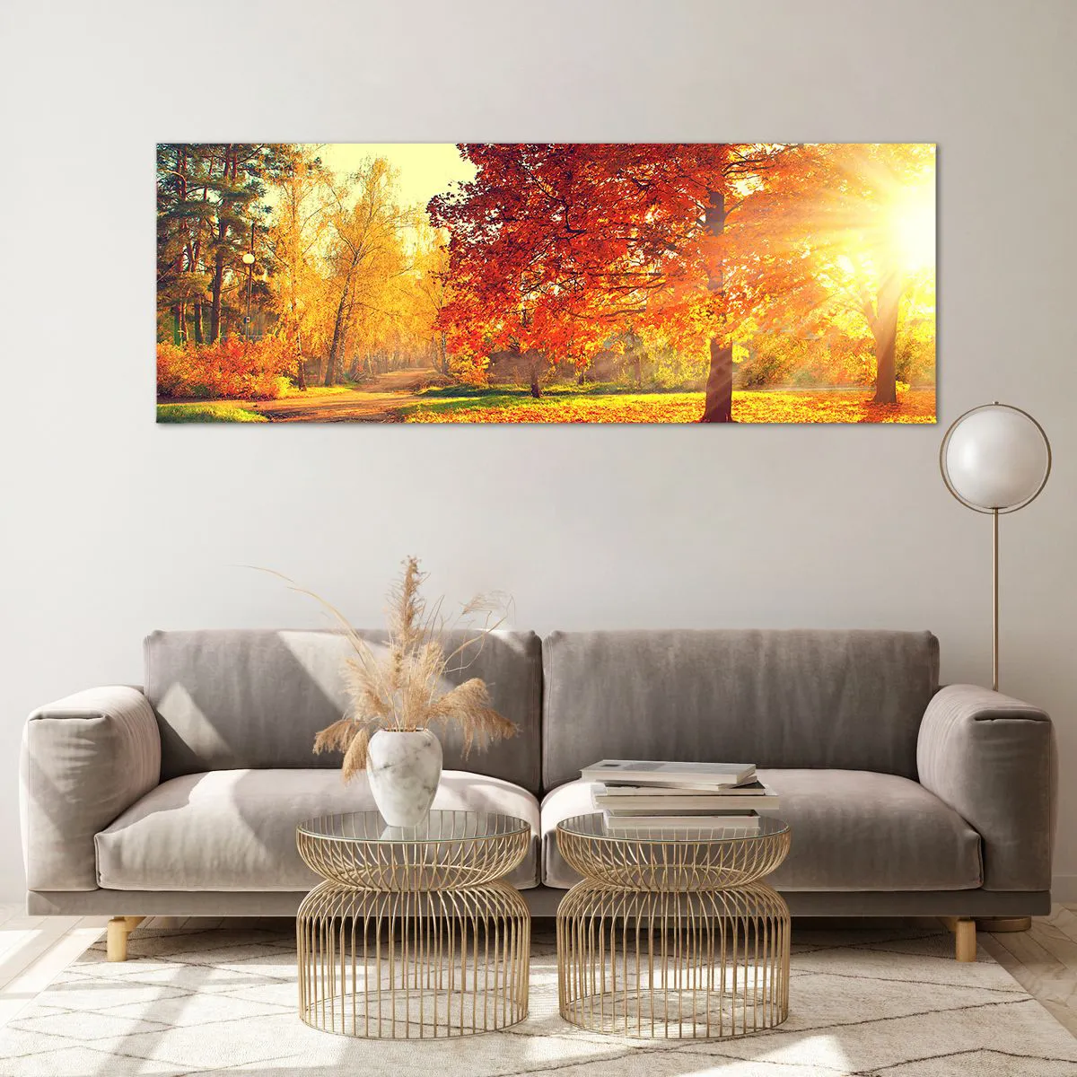 Impression sur verre - Image sur verre - Parc d'automne illuminé par la lumière du soleil - 140x50cm - Le roux est beau - Décoration murale moderne pour le salon et la chambre ARTTOR