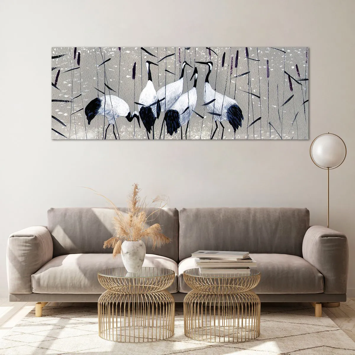 Glasbild - Bild auf glas - Reiher im Gras vor einem friedlichen Hintergrund - 140x50cm - Unter ihren eigenen - Moderne Wanddekoration für Wohnzimmer und Schlafzimmer ARTTOR