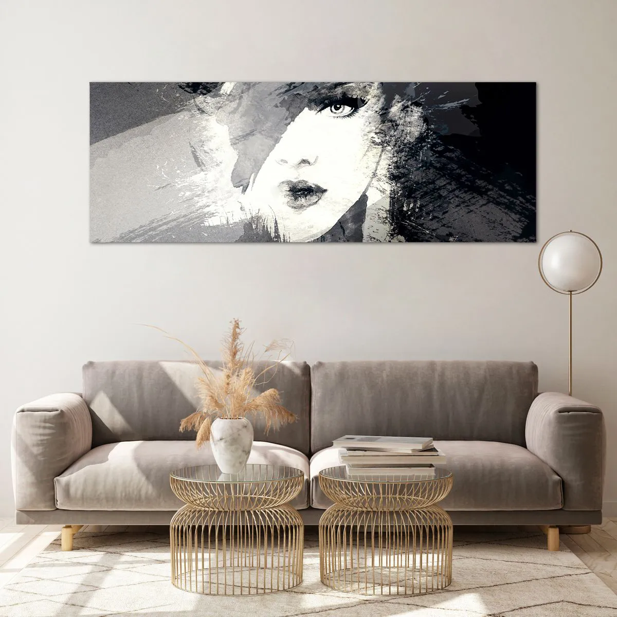 Cuadro sobre vidrio - Impresiones sobre Vidrio - Un retrato abstracto de una mujer en tonos grises con acentos delicados. - 140x50cm - Tras un velo gris - Decoración de pared moderna para salón y dormitorio ARTTOR