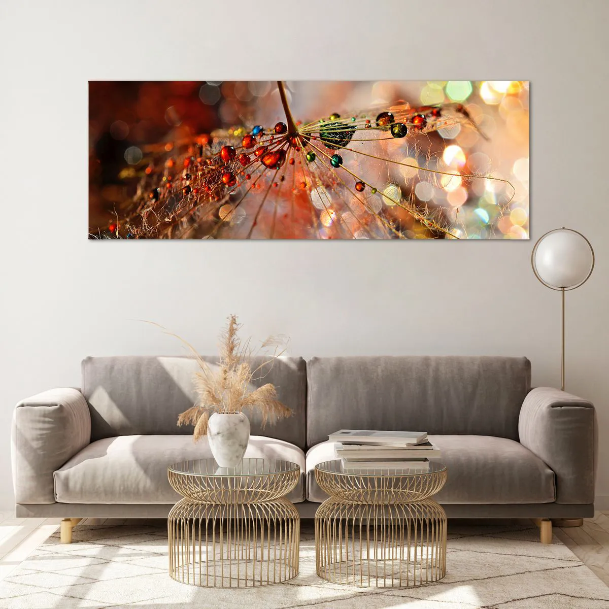 Glasbild - Bild auf glas - Makrofotografie eines Wassertropfens auf einer zarten Pflanze - 140x50cm - Auf einem Spinnenfaden aufgefädelt - Moderne Wanddekoration für Wohnzimmer und Schlafzimmer ARTTOR