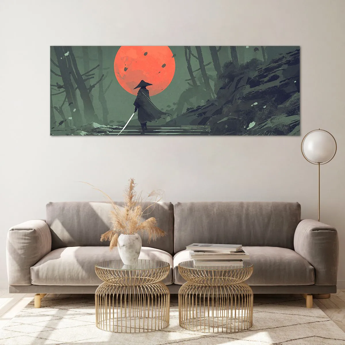 Impression sur verre - Image sur verre - Un guerrier solitaire avec une épée sur fond de lune rouge dans une forêt sombre. - 140x50cm - Guerrier de la lune rouge - Décoration murale moderne pour le salon et la chambre ARTTOR