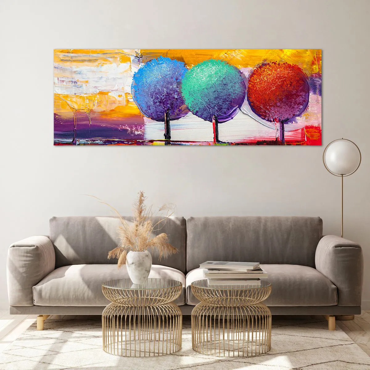 Impression sur verre - Image sur verre - Trois arbres colorés sur un fond abstrait - 140x50cm - Art jusqu'à trois - Décoration murale moderne pour le salon et la chambre ARTTOR