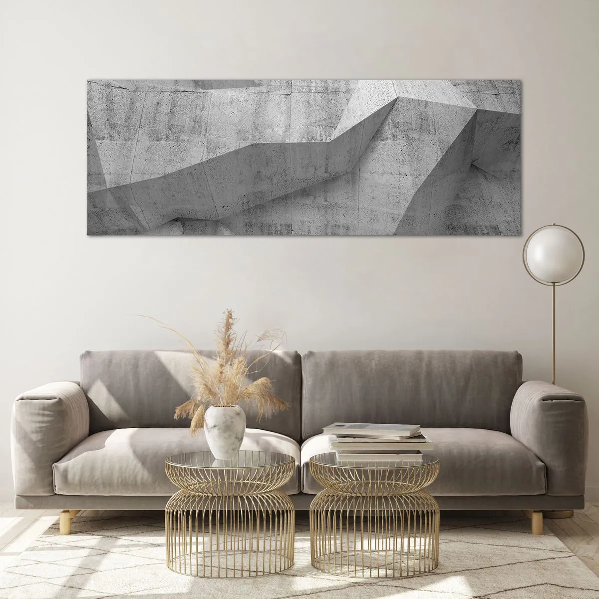 Quadro su vetro - Forme geometriche in cemento grigio - 140x50cm - Una vera sfida - Decorazione murale moderna per soggiorno e camera da letto ARTTOR