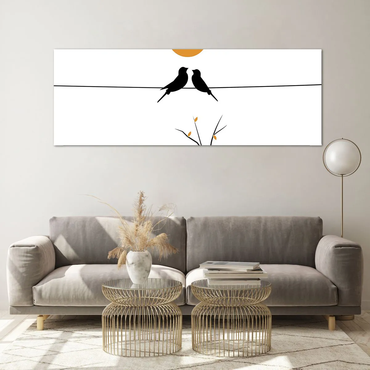 Impression sur verre - Image sur verre - Oiseaux sur une ligne avec un soleil jaune - 140x50cm - Soirée pour rossignols - Décoration murale moderne pour le salon et la chambre ARTTOR