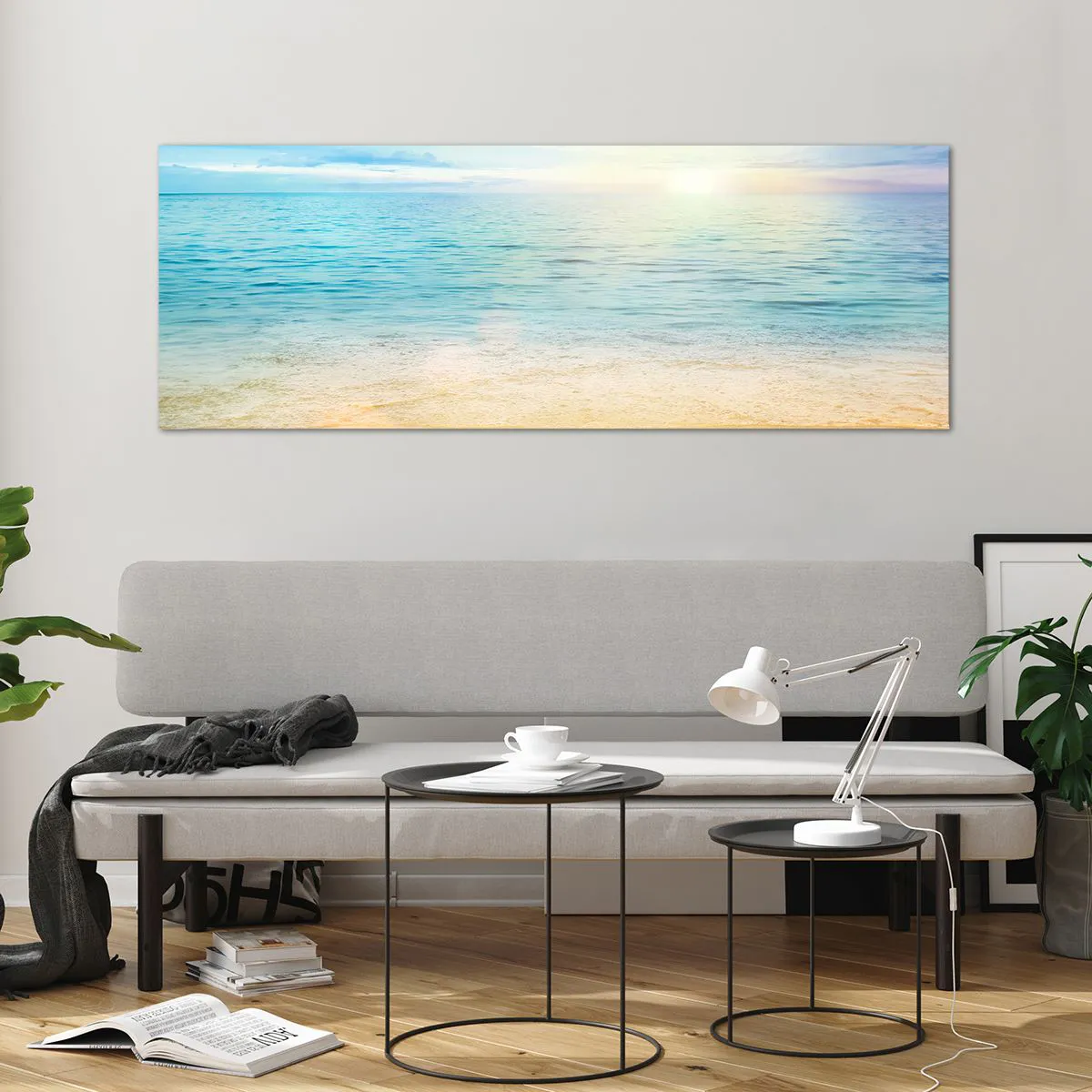 Cuadro sobre vidrio - Impresiones sobre Vidrio - Una playa con mar turquesa y cielo despejado. - 140x50cm - Gran cielo azul - Decoración de pared moderna para salón y dormitorio ARTTOR