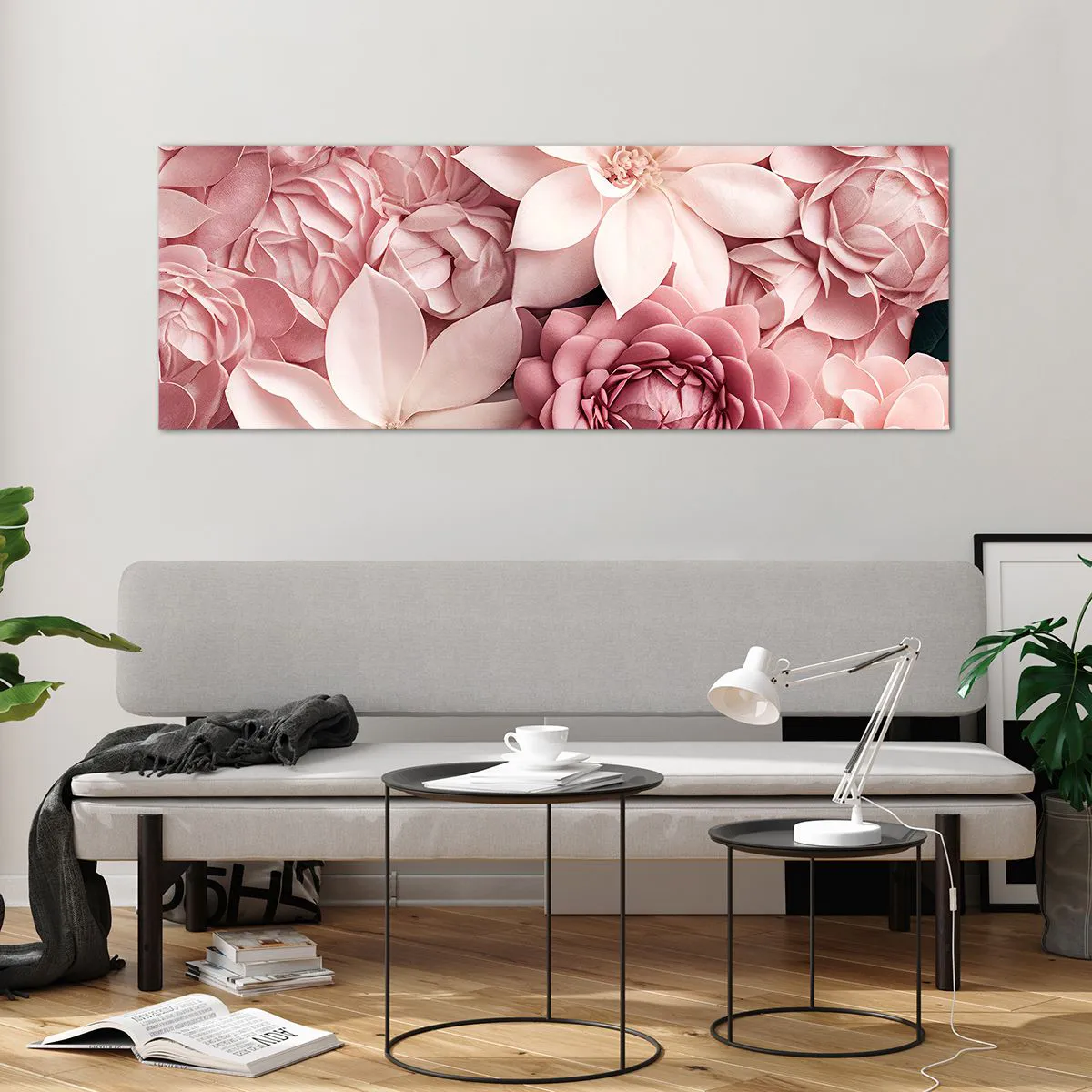 Obraz na szkle - Kwiaty w odcieniach różu i bieli w artystycznym ujęciu - 140x50cm - W różowych płatkach - Nowoczesna dekoracja ścienna do salonu i sypialni ARTTOR