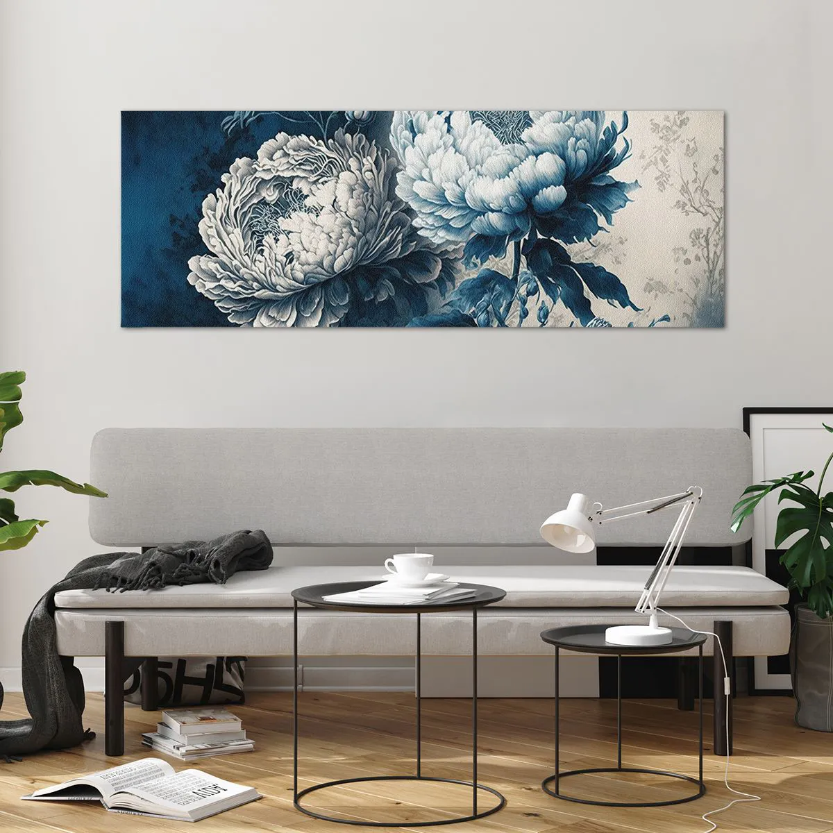 Cuadro sobre vidrio - Impresiones sobre Vidrio - Peonías azules sobre un fondo sutil con un patrón delicado. - 140x50cm - Una pareja unida - Decoración de pared moderna para salón y dormitorio ARTTOR