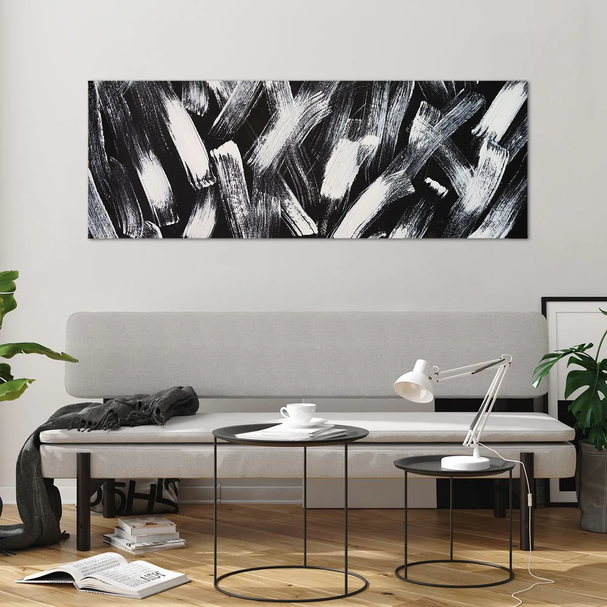 Cuadro sobre vidrio - Impresiones sobre Vidrio - Abstracción dinámica con pinceladas blancas sobre fondo negro. - 140x50cm - Abstracción en el espíritu industrial - Decoración de pared moderna para salón y dormitorio ARTTOR