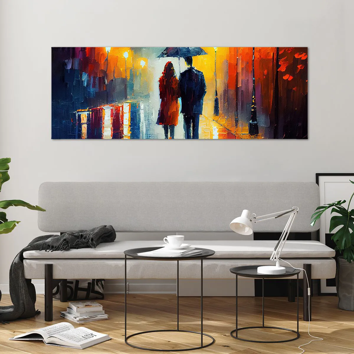 Quadro su vetro - Una coppia sotto un ombrello che cammina attraverso una colorata città notturna - 140x50cm - Insieme la notte è colorata - Decorazione murale moderna per soggiorno e camera da letto ARTTOR