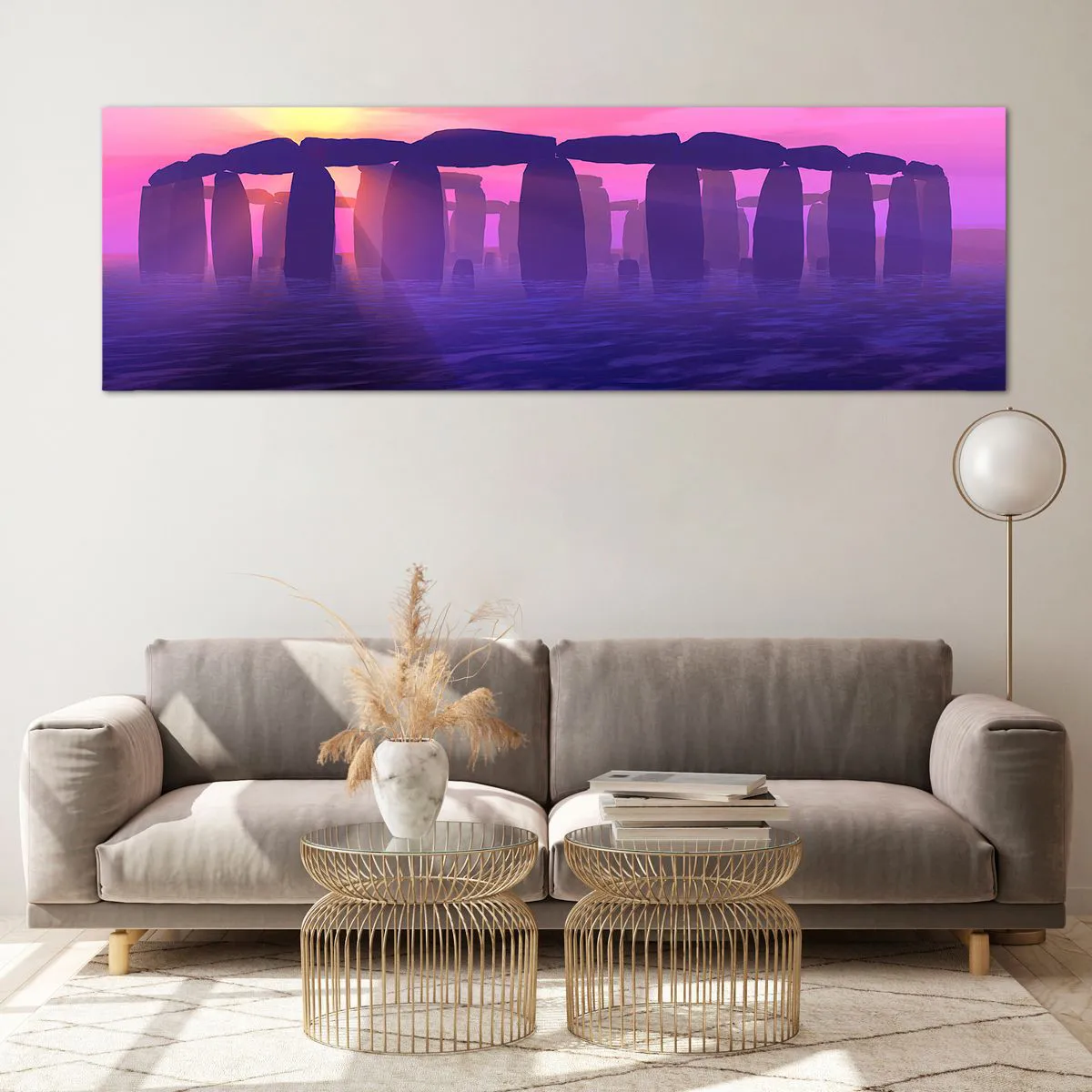 Impression sur verre - Image sur verre - Cercle de pierres au coucher du soleil avec un ciel violet - 160x50cm - Mystère à l'aube dans le brouillard - Décoration murale moderne pour le salon et la chambre ARTTOR
