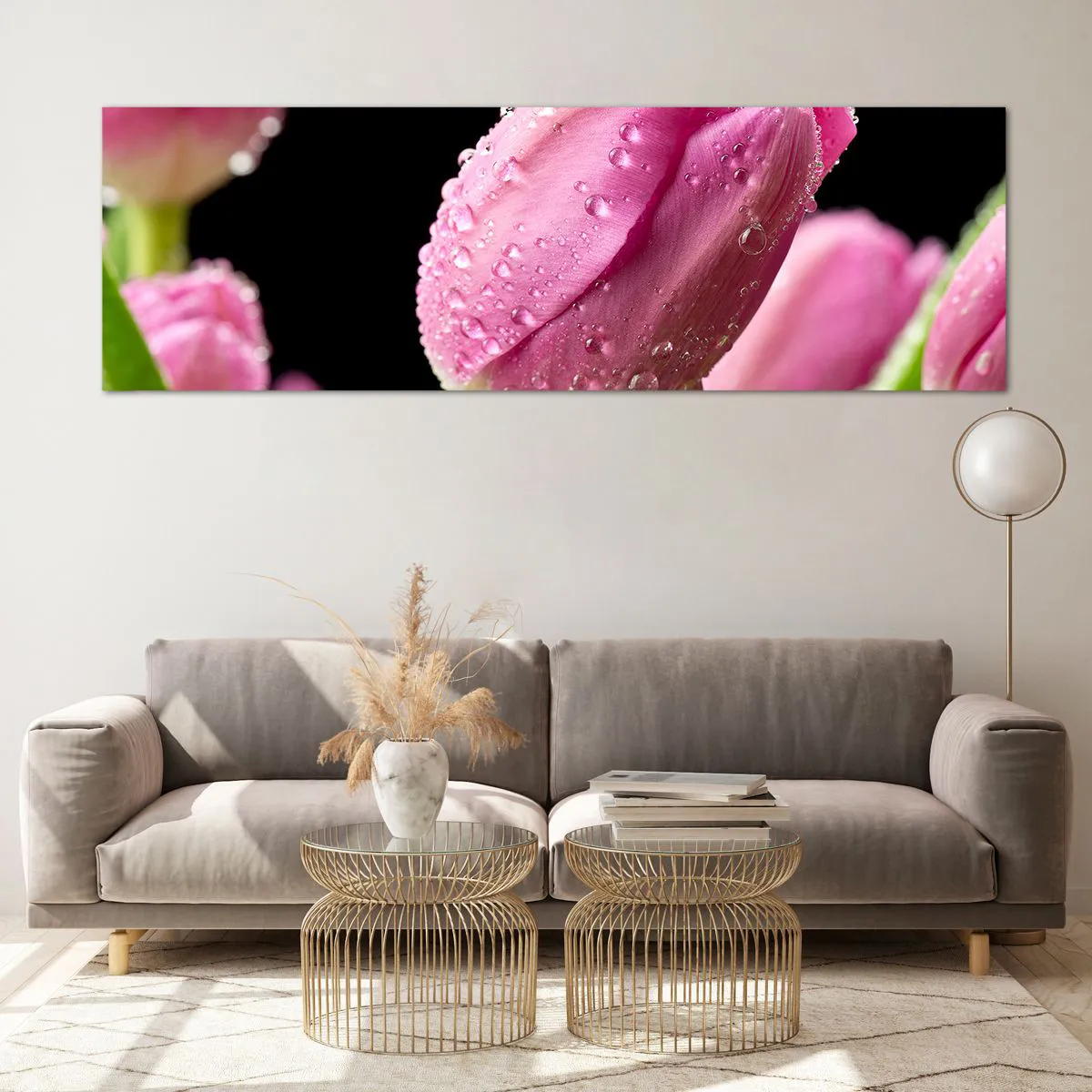Glasbild - Bild auf glas - Rosa Tulpe mit Wassertropfen auf schwarzem Hintergrund - 160x50cm - Lila Traum im Tau - Moderne Wanddekoration für Wohnzimmer und Schlafzimmer ARTTOR