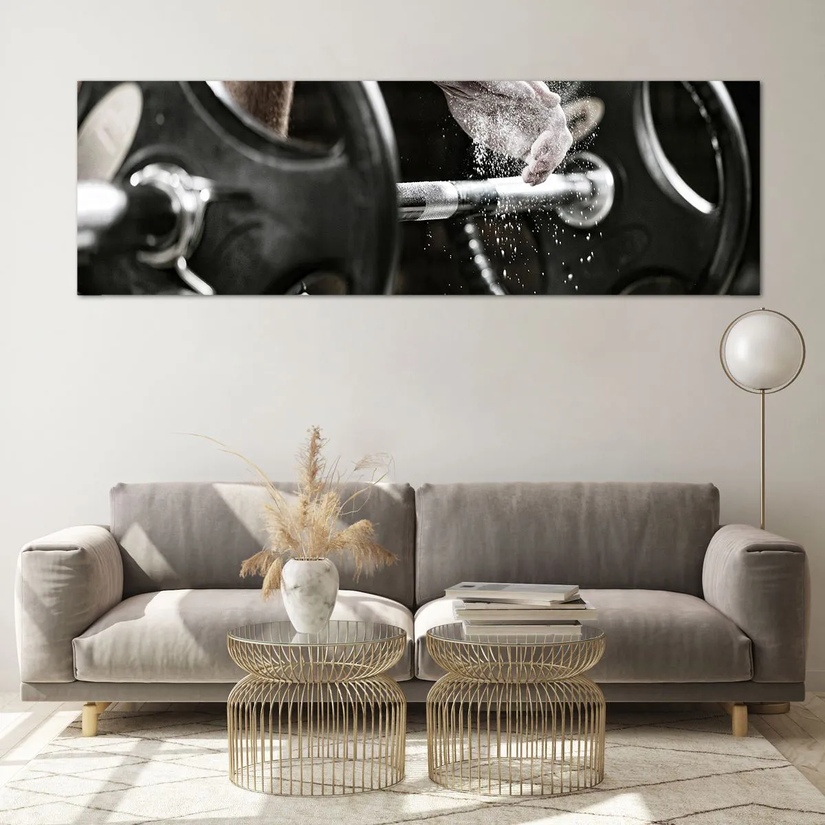 Impression sur verre - Image sur verre - Des haltères et les mains d'un athlète se préparant à l'entraînement - 160x50cm - Défi accepté! - Décoration murale moderne pour le salon et la chambre ARTTOR