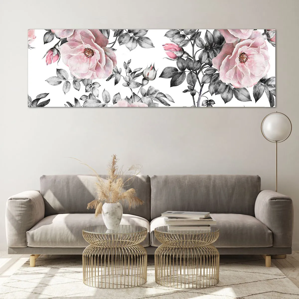 Impression sur verre - Image sur verre - Roses roses et feuilles sur un délicat fond noir et blanc - 160x50cm - Se perdre dans les fleurs des roses - Décoration murale moderne pour le salon et la chambre ARTTOR