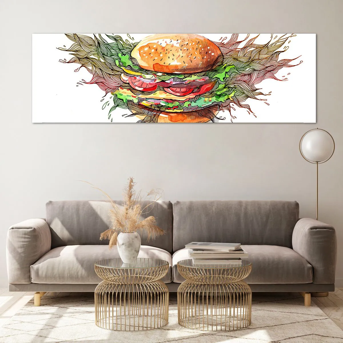 Impression sur verre - Image sur verre - Illustration artistique d'un burger avec des éléments dynamiques - 160x50cm - Tentation chaude - Décoration murale moderne pour le salon et la chambre ARTTOR