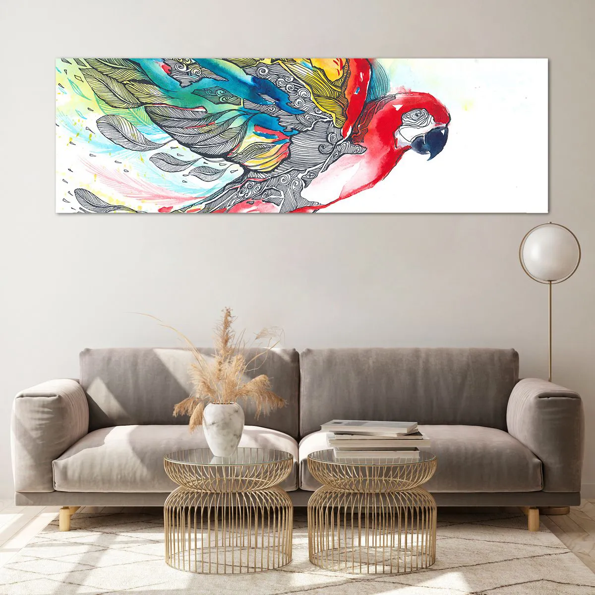 Impression sur verre - Image sur verre - Un perroquet coloré en vol avec des motifs abstraits sur ses ailes. - 160x50cm - Vivez haut en couleurs - Décoration murale moderne pour le salon et la chambre ARTTOR