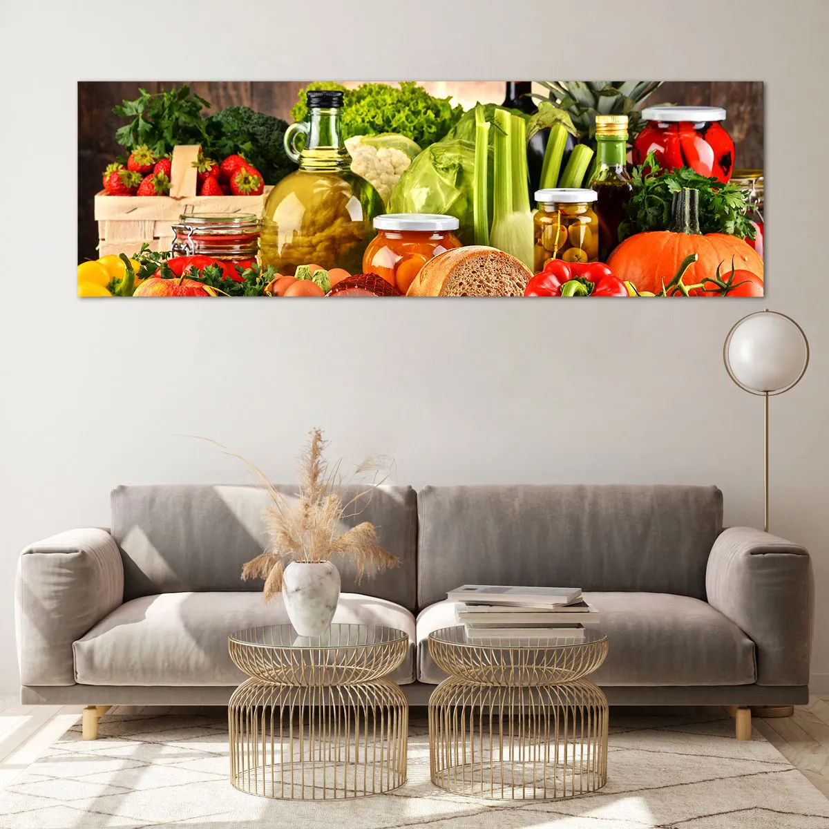 Quadro su vetro - Frutta, verdura e prodotti alimentari colorati - 160x50cm - Affumicati, arrostiti, marinati - Decorazione murale moderna per soggiorno e camera da letto ARTTOR