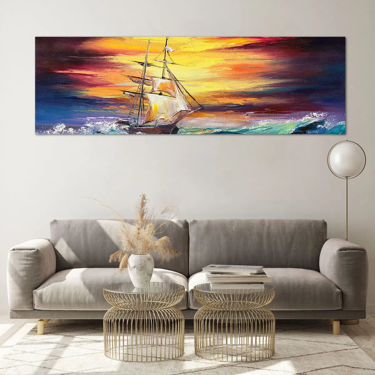 Impression sur verre - Image sur verre - Un voilier sur fond de coucher de soleil coloré - 160x50cm - Courageusement sous les vagues - Décoration murale moderne pour le salon et la chambre ARTTOR