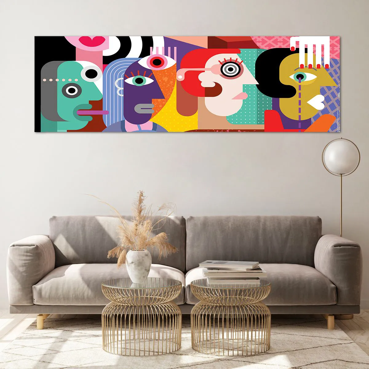 Impression sur verre - Image sur verre - Abstraction colorée avec des visages géométriques - 160x50cm - Nous par M. Picasso - Décoration murale moderne pour le salon et la chambre ARTTOR