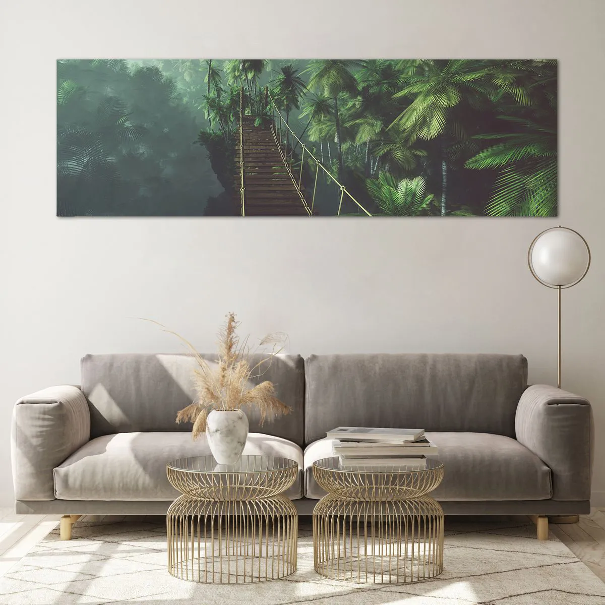 Glasbild - Bild auf glas - Eine Hängebrücke in einem tropischen Wald, umgeben von Nebel. - 160x50cm - Über der Brandung des Grüns - Moderne Wanddekoration für Wohnzimmer und Schlafzimmer ARTTOR