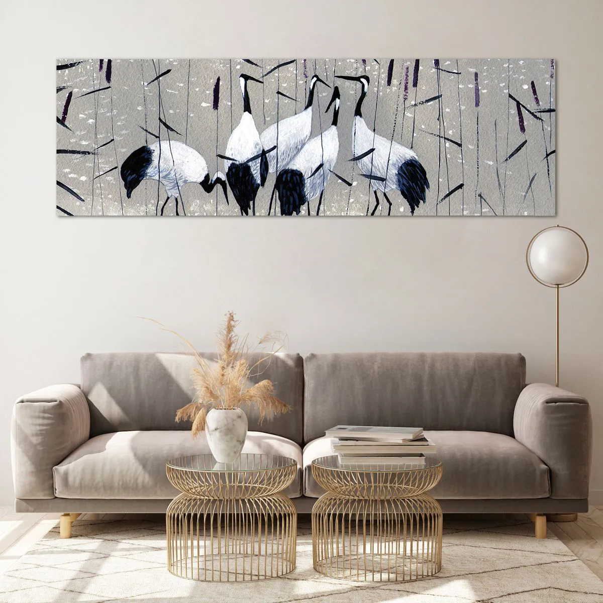 Glasbild - Bild auf glas - Reiher im Gras vor einem friedlichen Hintergrund - 160x50cm - Unter ihren eigenen - Moderne Wanddekoration für Wohnzimmer und Schlafzimmer ARTTOR