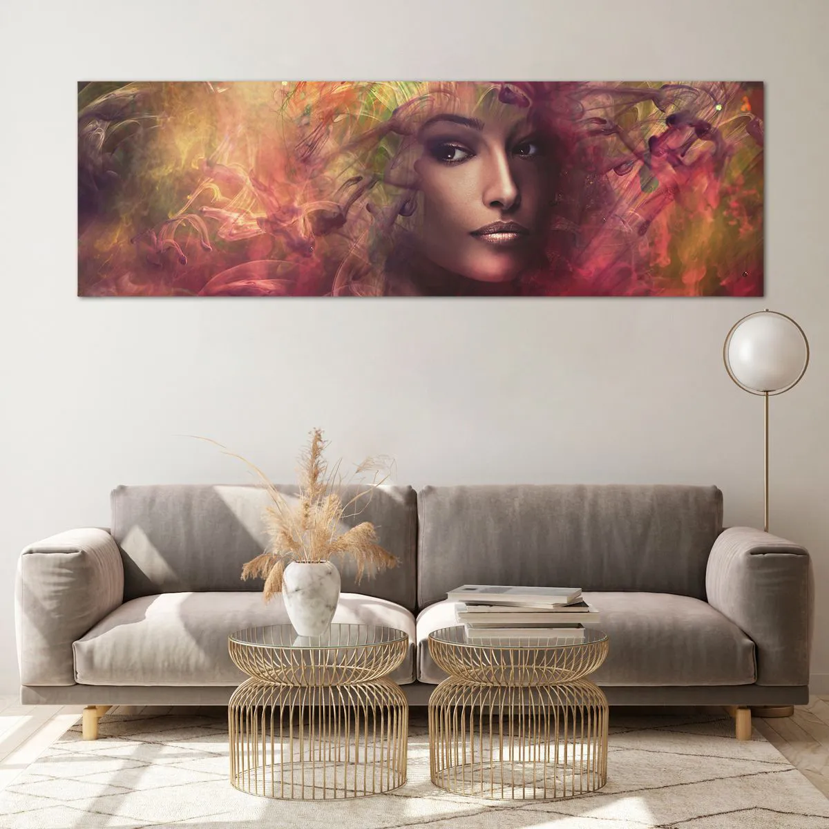Glasbild - Bild auf glas - Eine Frau in abstrakten Farben, die einen dynamischen Hintergrund schafft - 160x50cm - Ich bin hier! - Moderne Wanddekoration für Wohnzimmer und Schlafzimmer ARTTOR