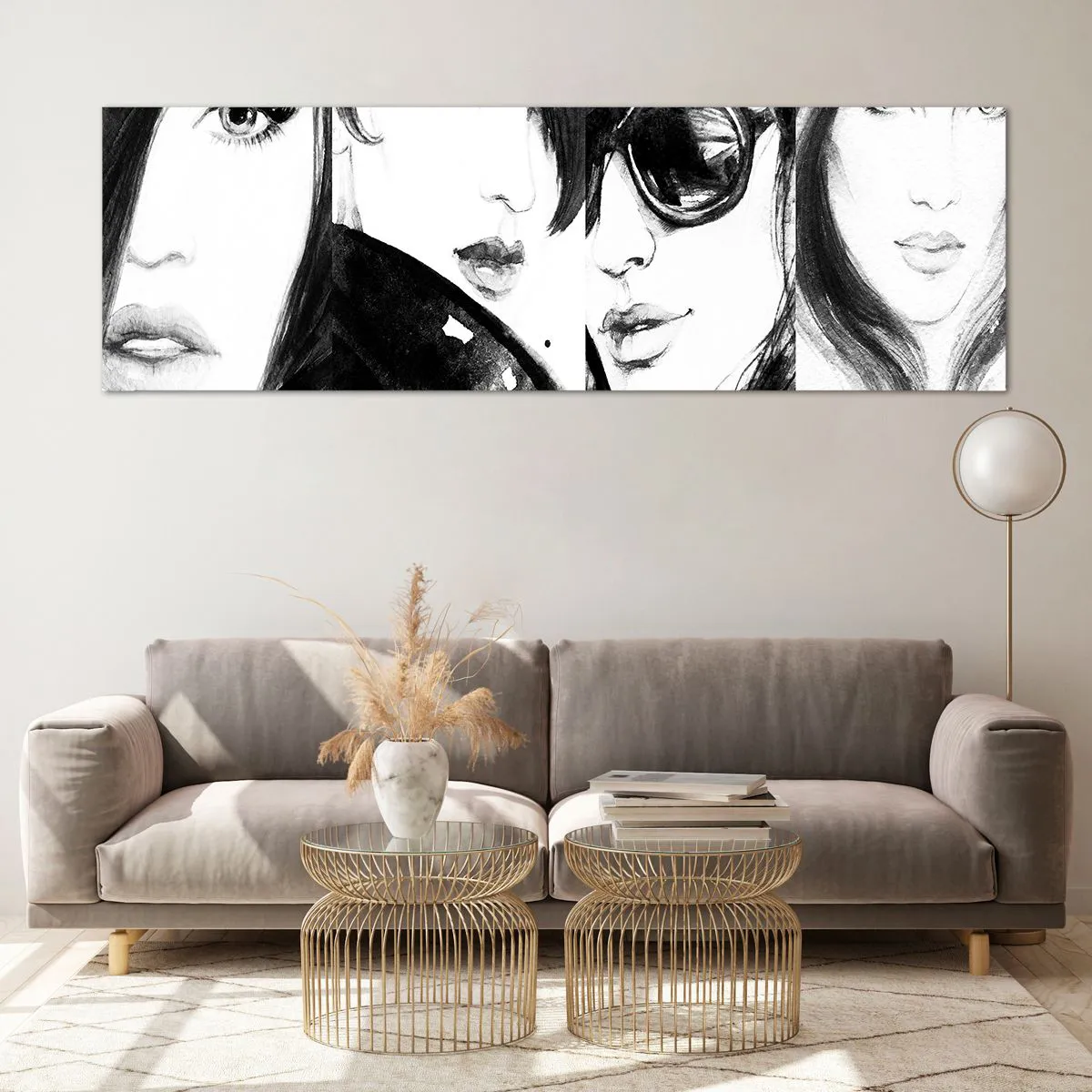 Glasbild - Bild auf glas - Stilvolle Frauenporträts in monochromen Tönen - 160x50cm - Schönheit multipliziert - Moderne Wanddekoration für Wohnzimmer und Schlafzimmer ARTTOR