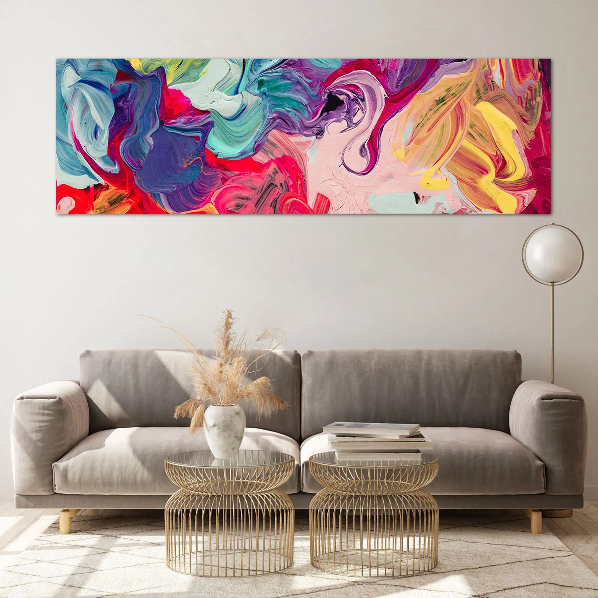 Glasbild - Bild auf glas - Eine abstrakte Komposition mit lebendigen, wirbelnden Farben und einer dynamischen Struktur. - 160x50cm - Die Geburt der Farben - Moderne Wanddekoration für Wohnzimmer und Schlafzimmer ARTTOR