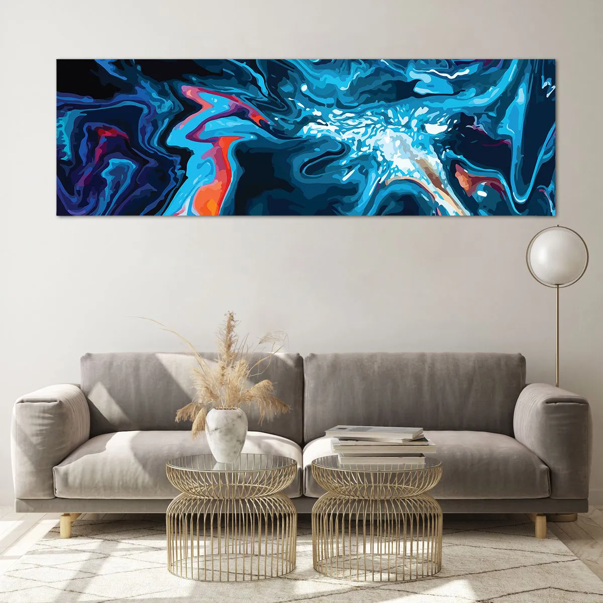 Obraz na szkle - Abstrakcyjny wzór w odcieniach niebieskiego z akcentami pomarańczu - 160x50cm - Podróż do wnętrza nieba - Nowoczesna dekoracja ścienna do salonu i sypialni ARTTOR