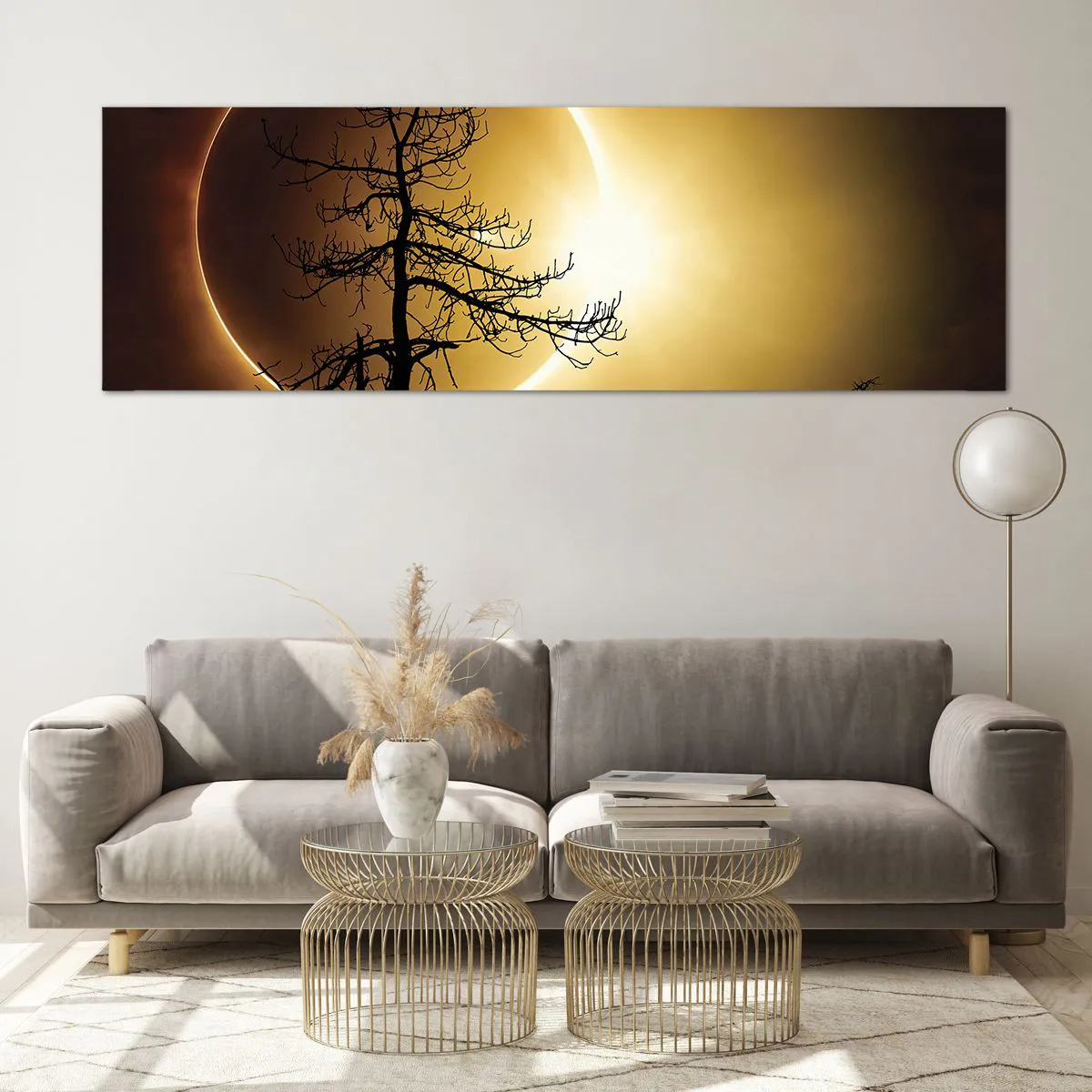 Cuadro sobre vidrio - Impresiones sobre Vidrio - Eclipse solar con una silueta de árbol en primer plano - 160x50cm - Eclipse total - Decoración de pared moderna para salón y dormitorio ARTTOR