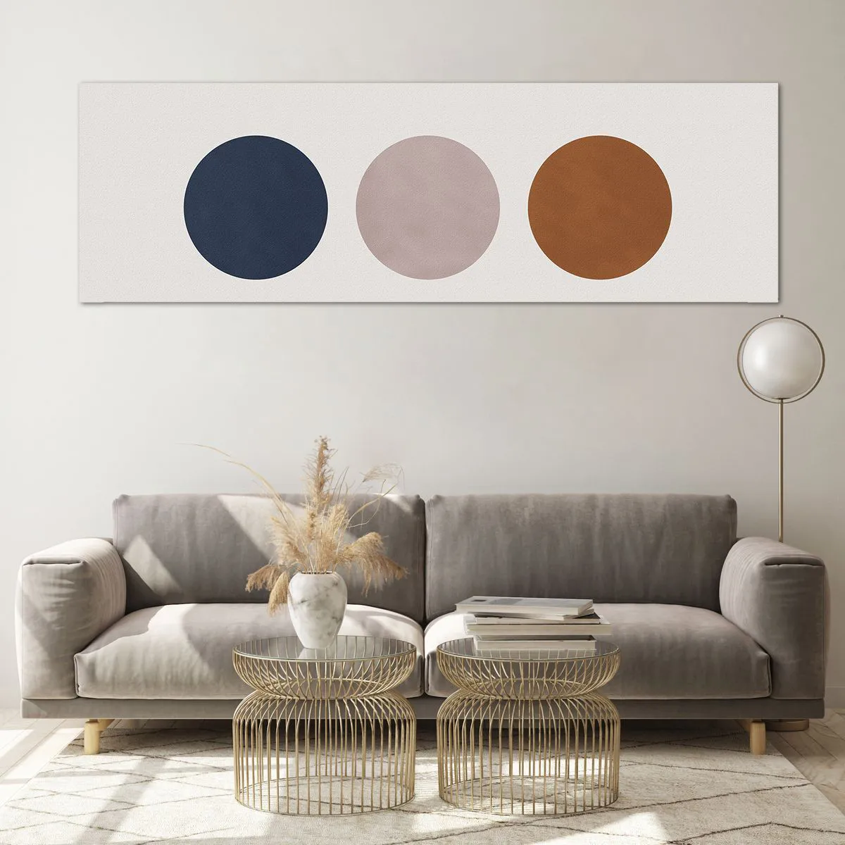 Obraz na szkle - Minimalistyczna kompozycja z trzema kolorowymi kołami - 160x50cm - Symbol doskonałości - Nowoczesna dekoracja ścienna do salonu i sypialni ARTTOR