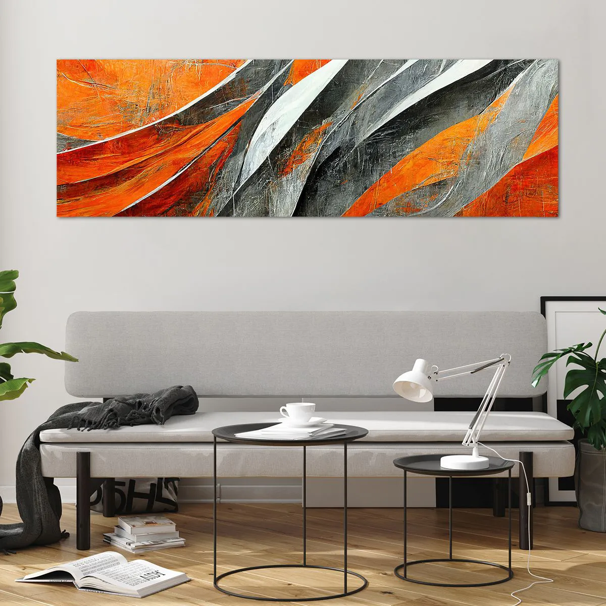 Glasbild - Bild auf glas - Abstrakte Linien in Orange- und Grautönen - 160x50cm - Hitze und Kälte - Moderne Wanddekoration für Wohnzimmer und Schlafzimmer ARTTOR